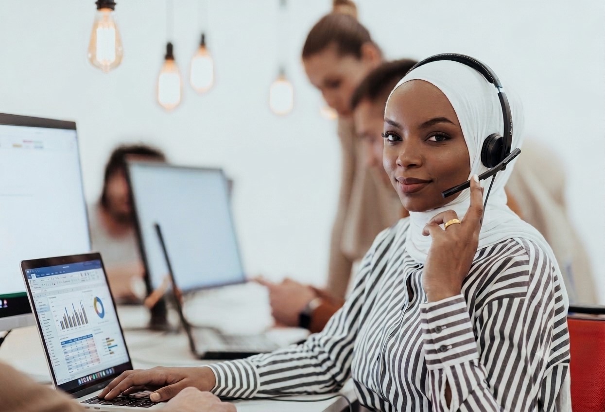 Professional Black Muslim woman confident at work